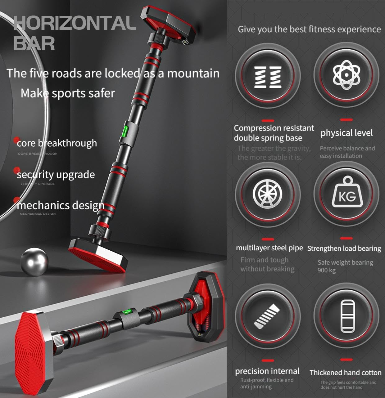 Adjustable Pull up Bar for Doorway, 1080KG Max Load Chin up Bar with 5-Lock & Anti-Slip, Adjustable 75-94Cm Width Locking Mechanism Pullup Bar ，No Drill No Punching，Home Gym Equipment for Strength Training image number 6