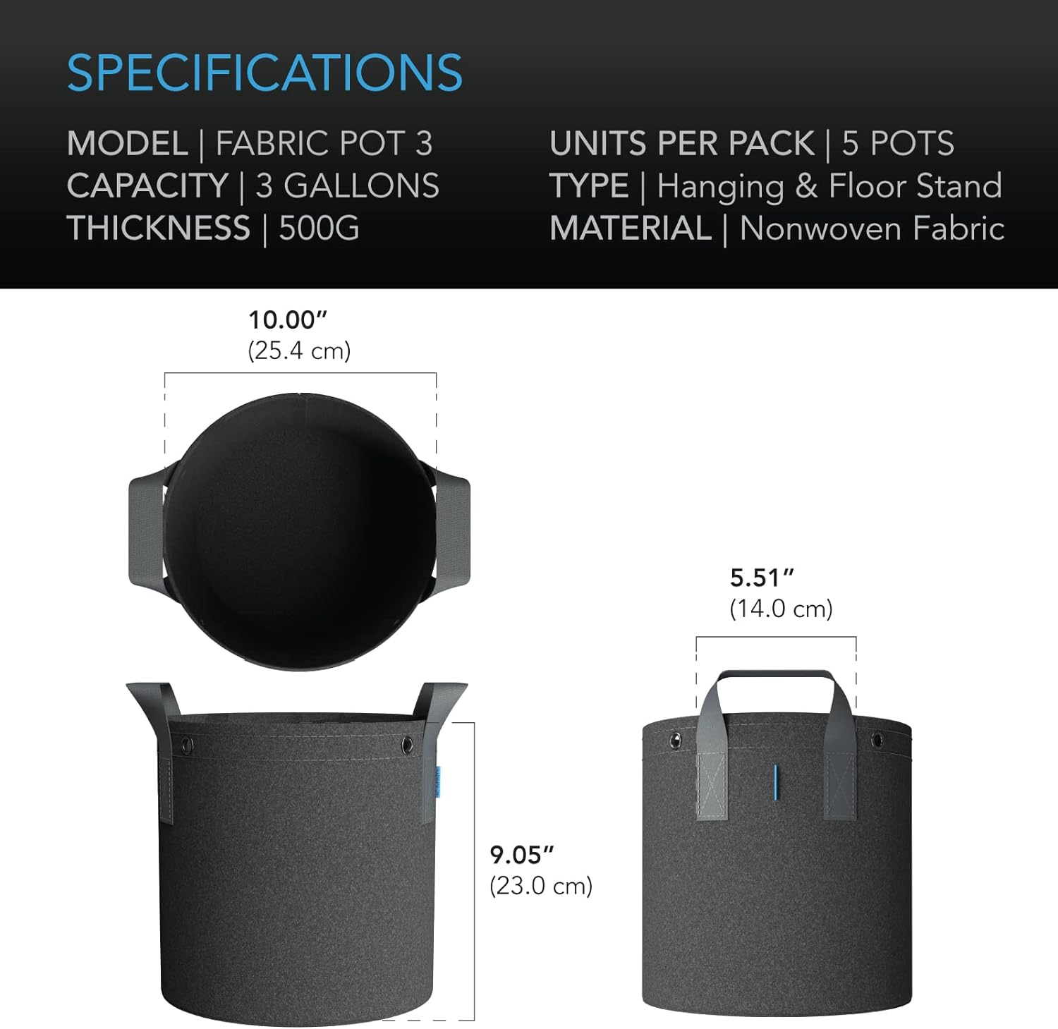 AC Infinity Heavy Duty Fabric Pots, 3 Gallon Aeration Reusable Grow Bags 5-Pack with 500G Thick Nonwoven Fabric and Multi-Purpose Rings, for Low Stress Plant Training Fruits, Vegetables, and Flowers image number 1