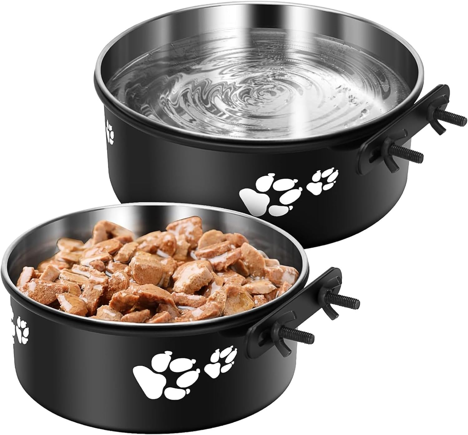 Dog Crate Water Bowl No Spill, PRENDIEEN 2 Pack Stainless Steel Water Bowl for Dog Crate, Hanging Dog Bowls for Kennel Crate Cage Medium Large Dogs Cats (16 * 6Cm & 18 * 6.5Cm) (Black)