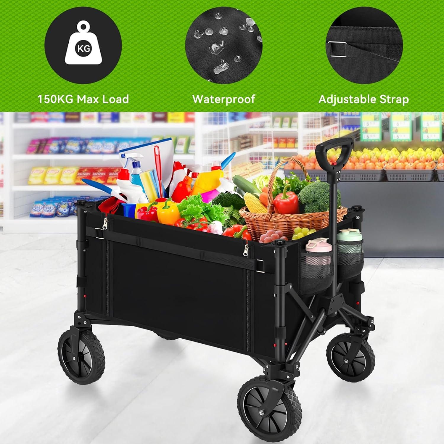 Collapsible Folding Wagon, Outdoor Utility Wagon, Adjustable Wagon Cart with All-Terrain Wheels & Drink Holders, Portable Grocery Wagon for Outdoor, Garden, Shopping, Camping, Grocery, Beach Storage image number 6