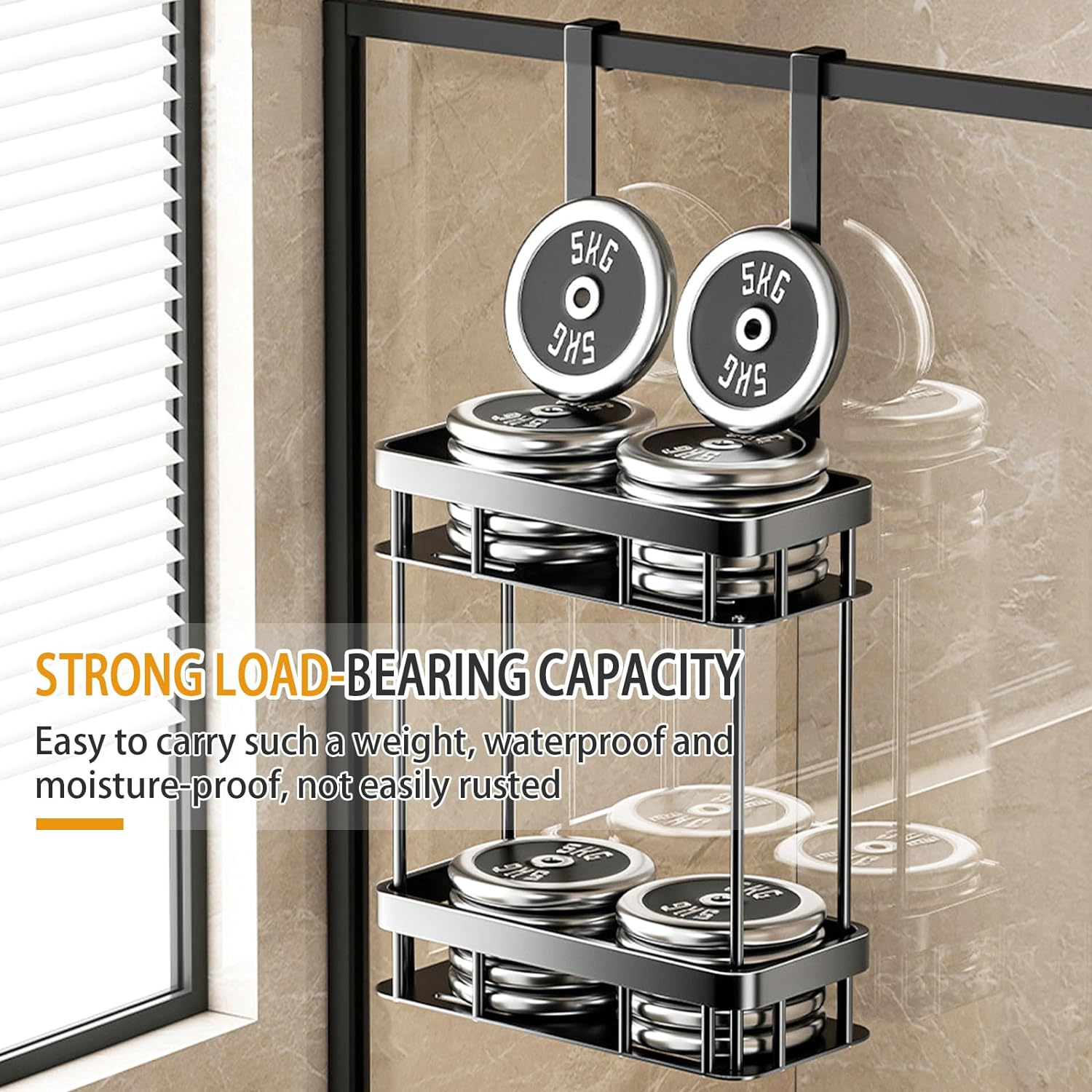 Over the Door Shower Caddy, 2 Tier Hanging Shower Caddy Shower Shelf, Metal Hanging Shower Organizer, Rustproof Bathroom Shower Storage Rack Basket, No Drilling, Black image number 2