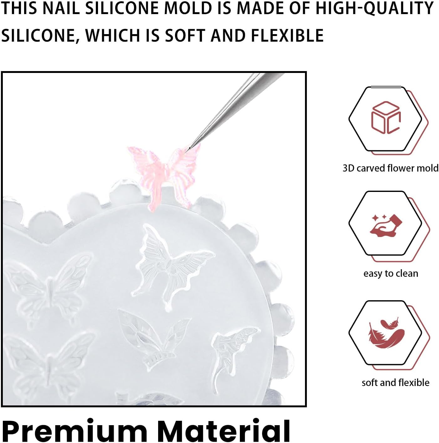 2Pcs Rose Butterfly Silicone Molds 3D Embossed Nail Art Mold Nail Charms Manicure Carving Mould Nail Stencils Spring Summer Nail Decor Transparent Mold Handmade DIY for Nail Art Supplies image number 6