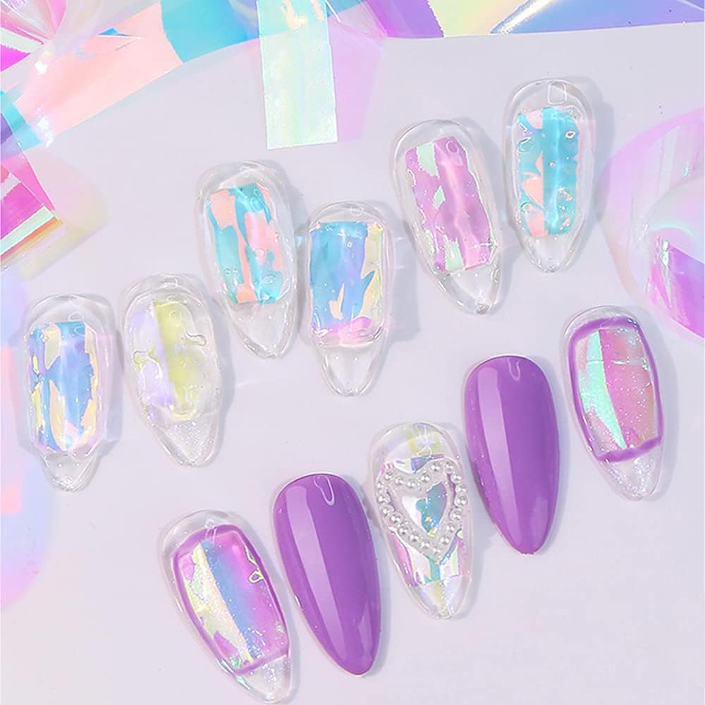 CHANGAR 5 Colours Gradient Aurora Glass Paper Nail Stickers Reflective Mirror Design Broken Glass Strip Line Paper Nail Decals DIY Nail Art Decoration (5 Boxes) image number 2