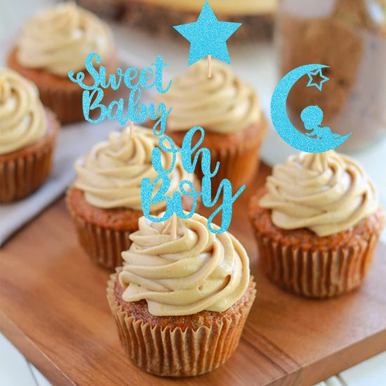 Confetti! 24 PCS Baby Shower Boy Cupcake Toppers with Moon Glitter Star Sweet Baby Boy Cupcake Picks Baby Shower Kids Boys Birthday Party Cake Decorations Supplies Blue - Sweet Baby Boy image number 2