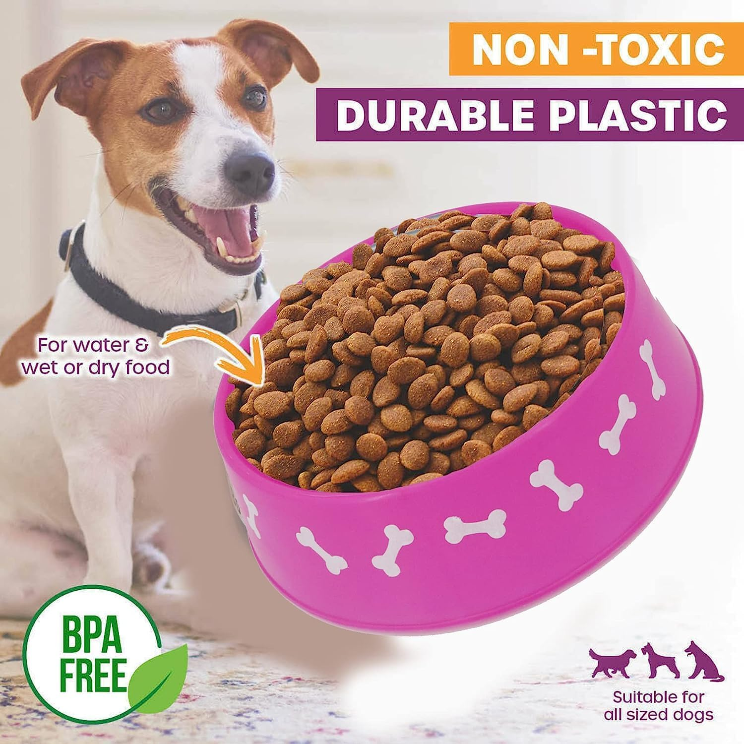 [2PCE] Pet Basic Original Classic Pet Bowl, Pink & Blue, 1400Ml Capacity, BPA Free, Lightweight and Easy to Clean, Dishwasher Safe, Ideal for Water and Food, Dog Bone Design image number 2