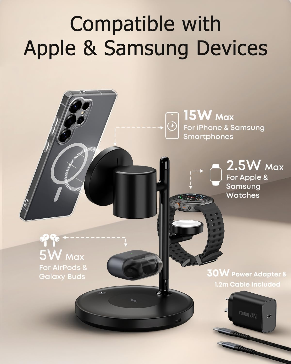 TOUGH on Magmore 4 in 1 Wireless Charger, Qi2 Certified 15W Fast Charging Station with Dimmable Night Light, Magsafe-Compatible Stand for Iphone 17/16/15, Apple Watch, Airpods, Samsung Galaxy Devices image number 5