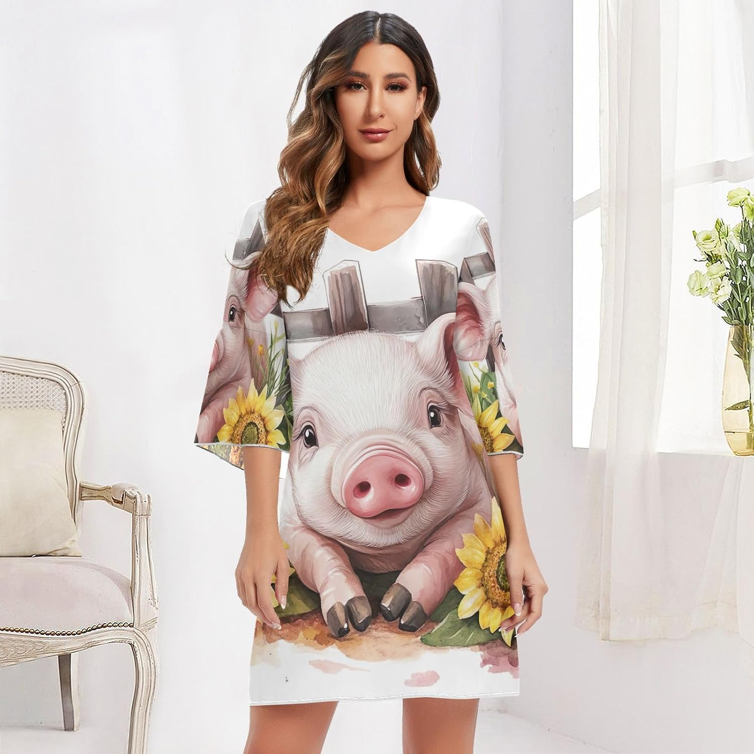 Cute Pig Floral Short Dress Printed Line Maternity Dress S-XXL