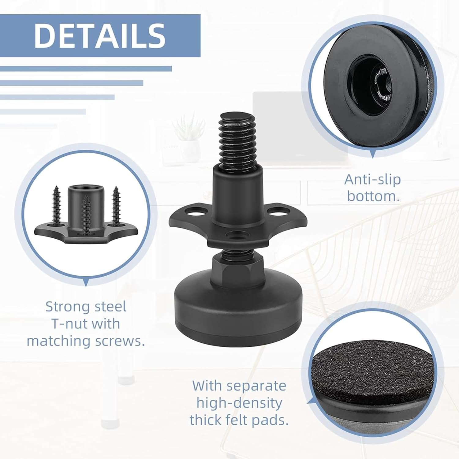 4PCS Heavy Duty 3/8"-16 Thread Adjustable Furniture Leveling Feet with T-Nut Kit,Threaded Leveling Feet,Large Base Furniture Levelers Support for Cabinets,Tables,Chairs,Sofa,Workbench (Black) image number 2