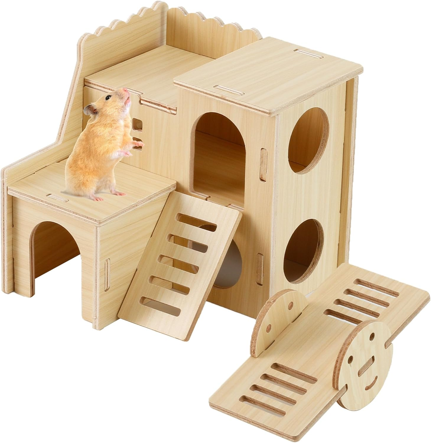 Wooden Hamster Hideout Cage Accessories, Guinea Pig House and Seesaw, Double-Decker Hide Hut with Slide, YITOBA Hamster Chew Toys for Pet Rats, Hamster Platform for Dwarf Gerbils (Two-Story) image number 6