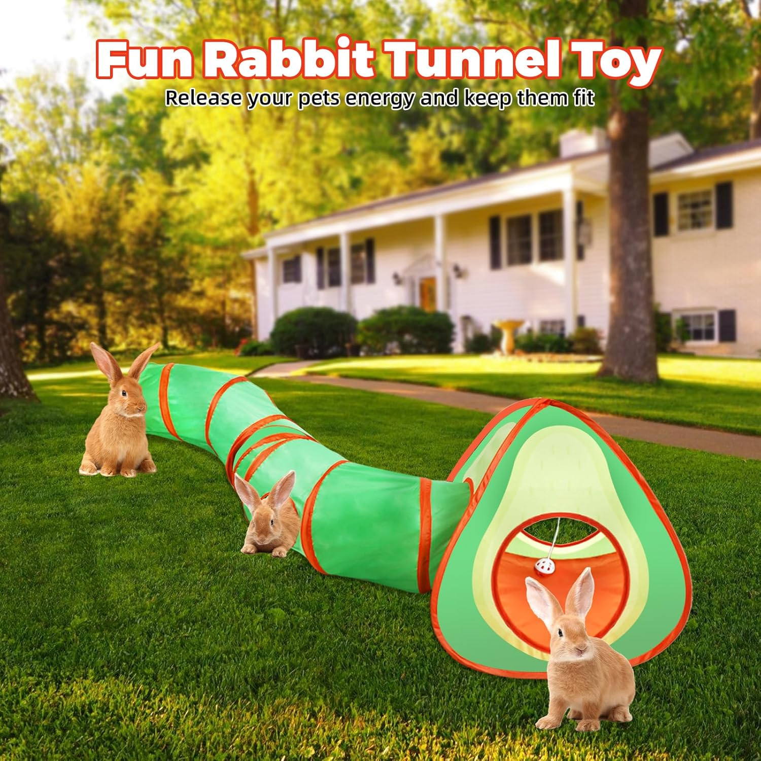 YUEPET Rabbit Tunnel and Cube Collapsible Tent Bunny Interactive Crinkle Tunnel Toys Small Animal Hideout with Play Ball for Dwarf Rabbit Bunny Guinea Pig (Avocado) - Avocado image number 3