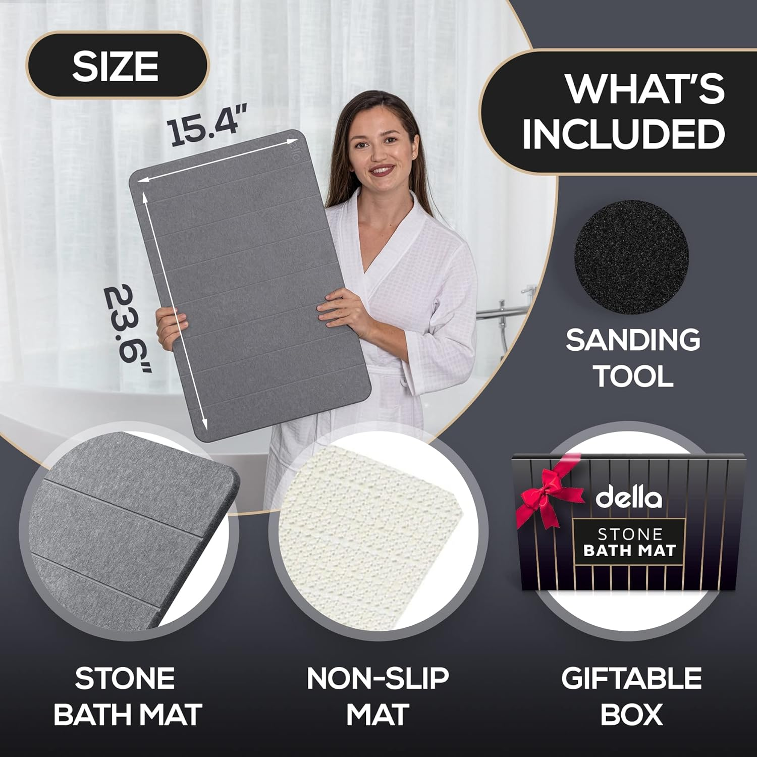 Della Premium Stone Bath Mat - Luxurious Quick Drying Diatomite Bathstone for Bathroom Floor - Modern Super Absorbent Diatomaceous Earth Shower Mat, Water Absorbent Bathmat (Stripes)