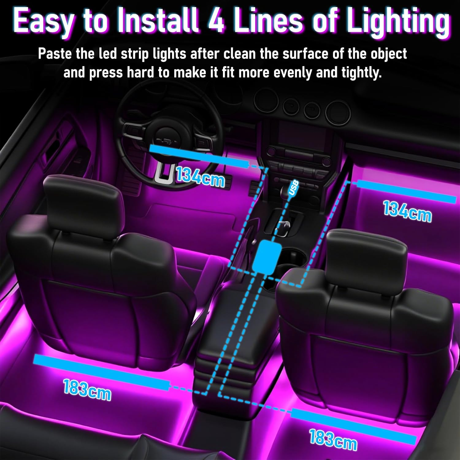 LED Strip Lights for Cars, 4Pcs Automotive Atmosphere RGB Lights with USB Port, Music Sync, APP Control and DIY Mode, Sticked LED Lights for Car Accessories Interior for SUV Truck Car Decor image number 2