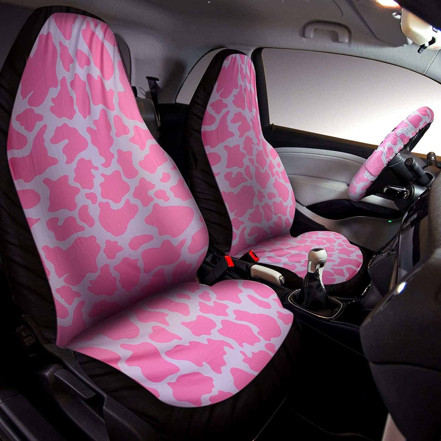 Frienda 26 Pcs Pink Cow Print Car Accessories - Cow Pattern Seat Covers Full Set, Cute Steering Wheel Cover, Floor Mats, Center Console Pad, Cup Holders, Seat Belt Pads for Women Car Interior Decor image number 2