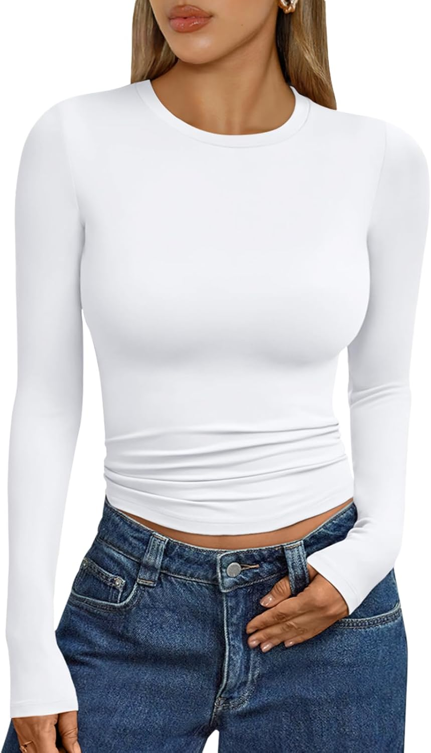 Trendy Queen Womens Clothing Long Sleeve Tops Crew Neck Basic T Shirts Going Out Y2K Crop Top Workout Gym Clothes 2025