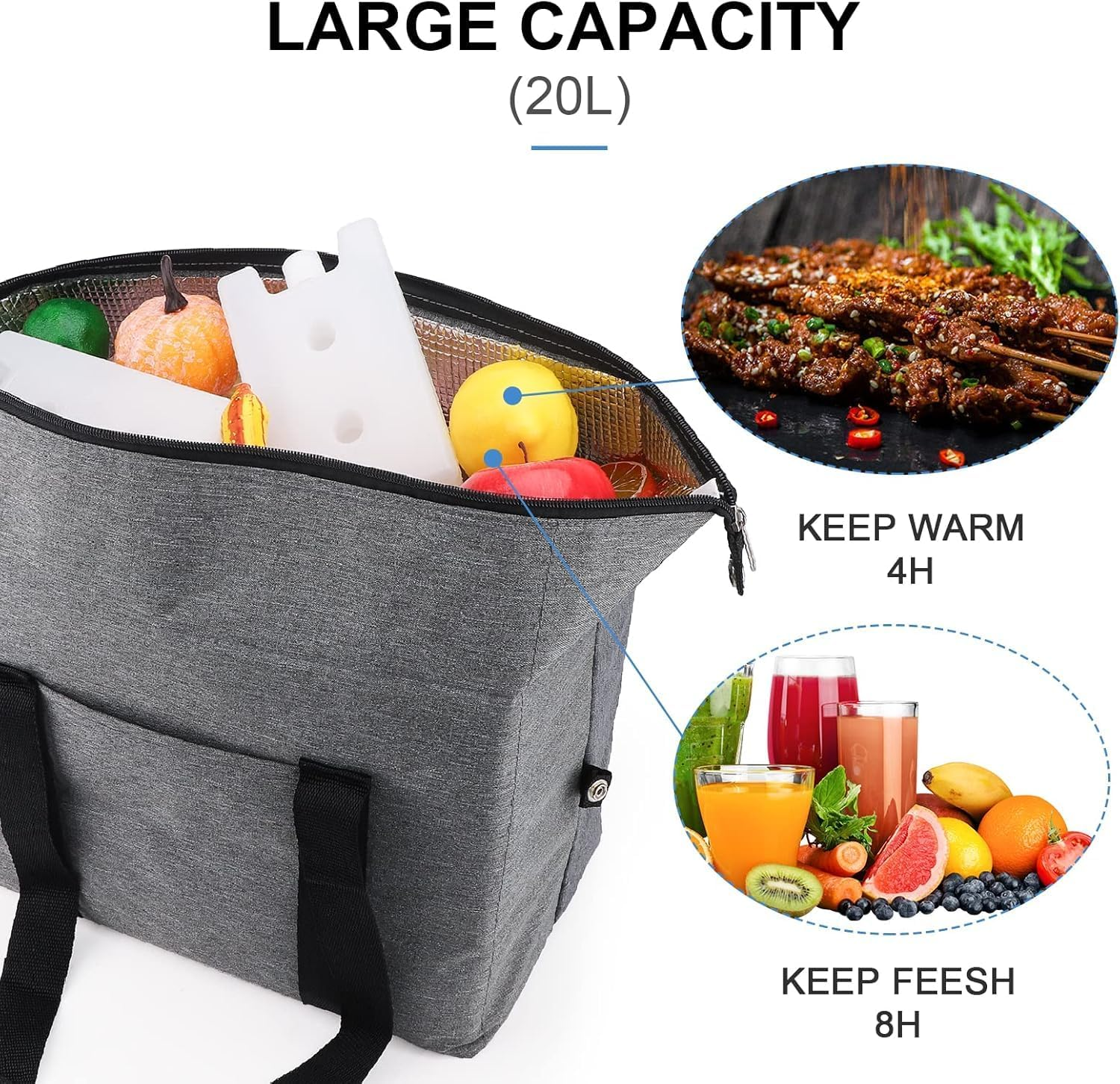 Large Cool Bag 20 L,Foldable Shopping Bag with 2 Cool Box,Grey Picnic Bag with Insulation for Camping,Shopping,Food Transport, Thermal Bag, Insulated Bag for BBQ Fishing Family Outdoor Activities image number 5