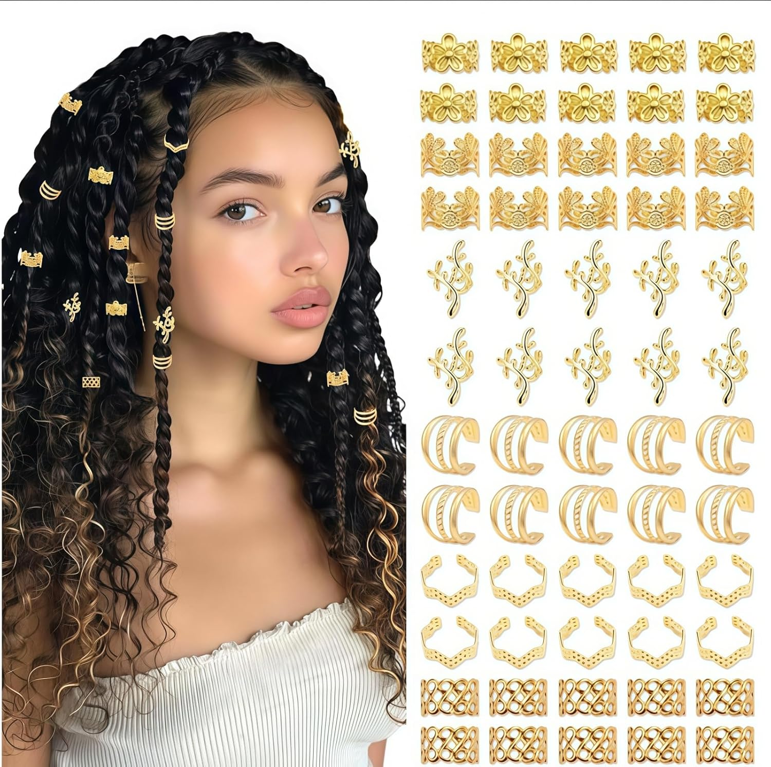 TANSAR Pack of 60 Gold Hair Accessories, Dreadlocks Jewellery, Metal Hair Beads Clips, Hair Accessories, Hair Accessories for Women and Men image number 2