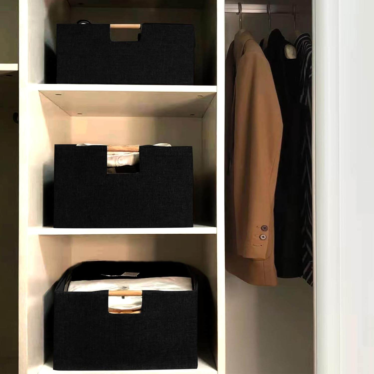 Xianshengle Storage Bins & Fabric Storage Basket for Shelves - Decorative Baskets Storage Box Cubes Containers W/Handles for Closet Shelf Nursery Toy, Home, Office, Books,Bathroom (Black) image number 2