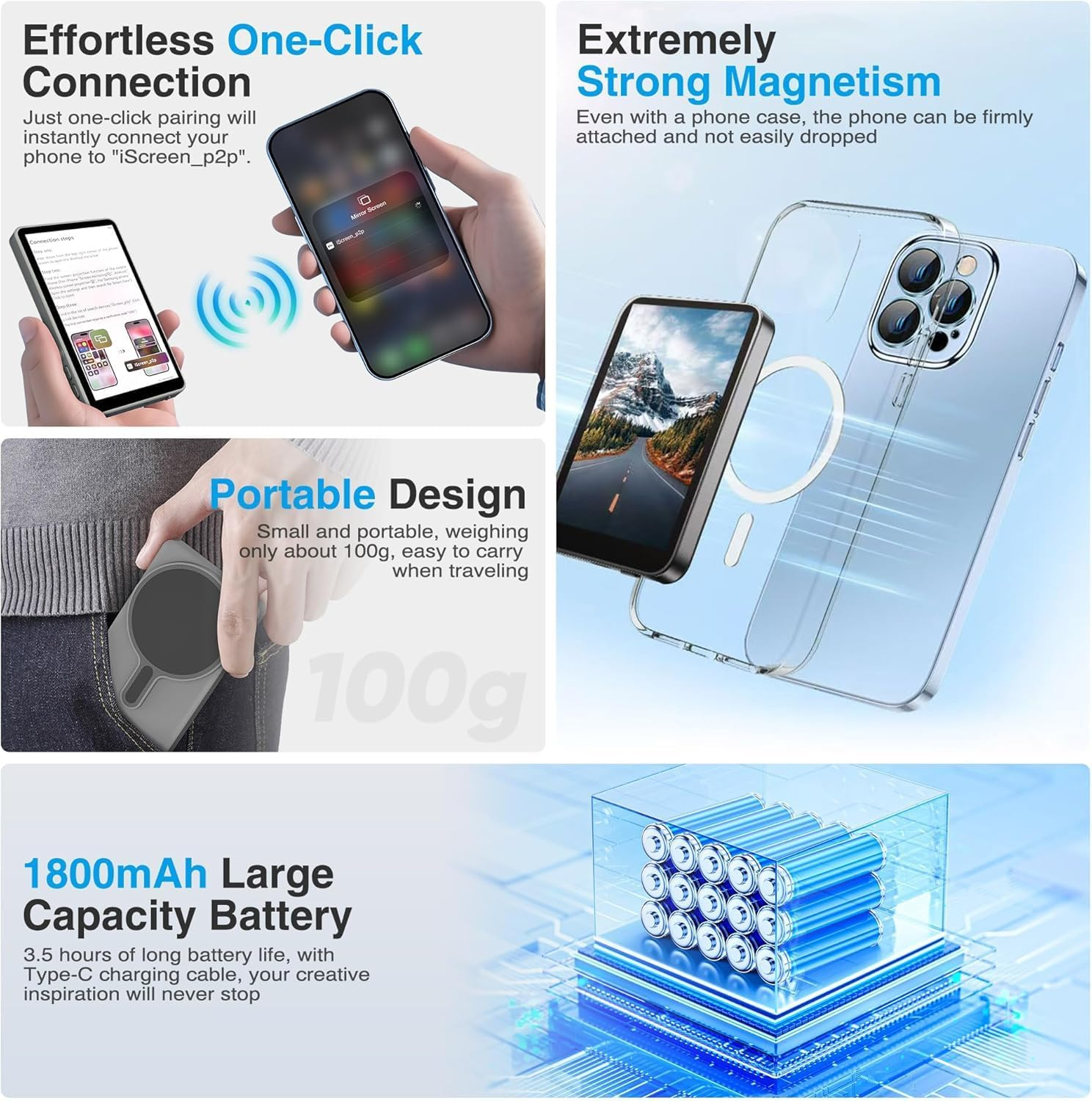 Vlog Selfie Monitor Screen for Phone, Magnetic Phone Vlog Selfie, Wireless Screen Mirroring for Magsafe, Back Camera Monitor for Live Stream Tiktok, Compatible with Iphone & Android -Gray image number 3