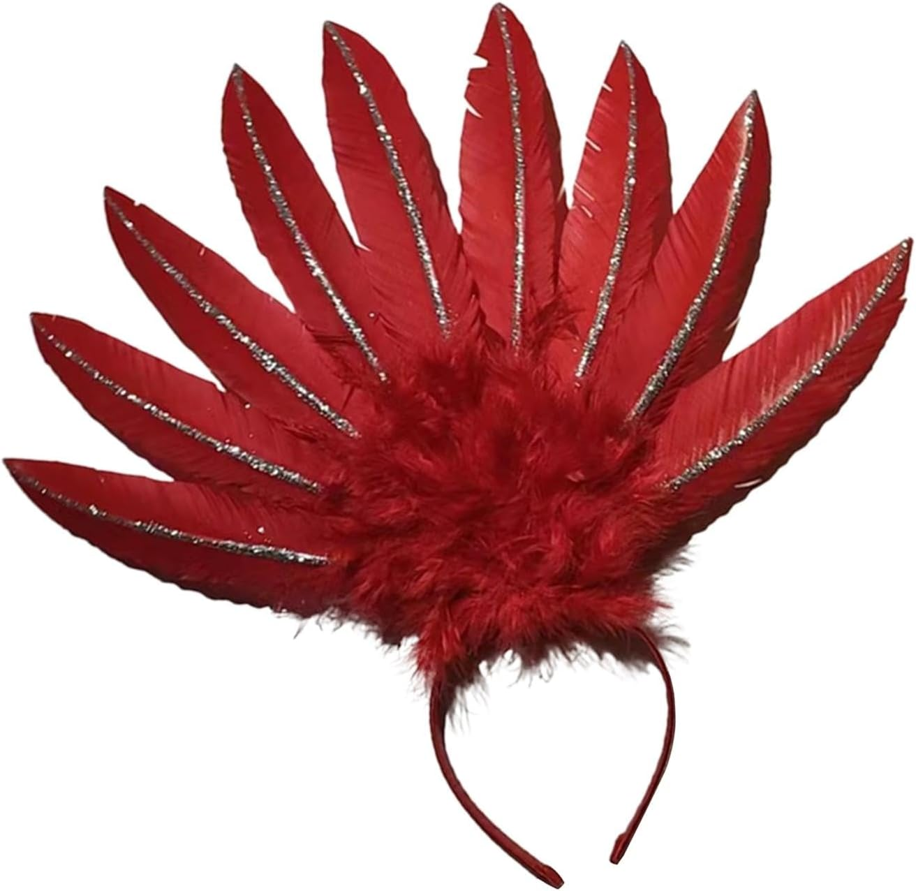 UGPLM Feather Headdress Headwear Costume Fascinator Headband Cosplay Hair Bands Headpiece for Halloween Dance Performance Festival, Red - Rose Red image number 2
