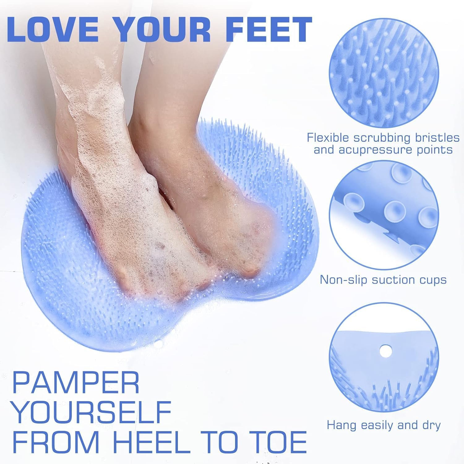 Shower Foot Scrubber Mat Back Washer Back Exfoliating Bath Wash Pad Wall Mounted Slip Suction Cups Foot Scrubber for Use in Shower Cups Foot Cleaner for Men and Women(Blue) image number 4
