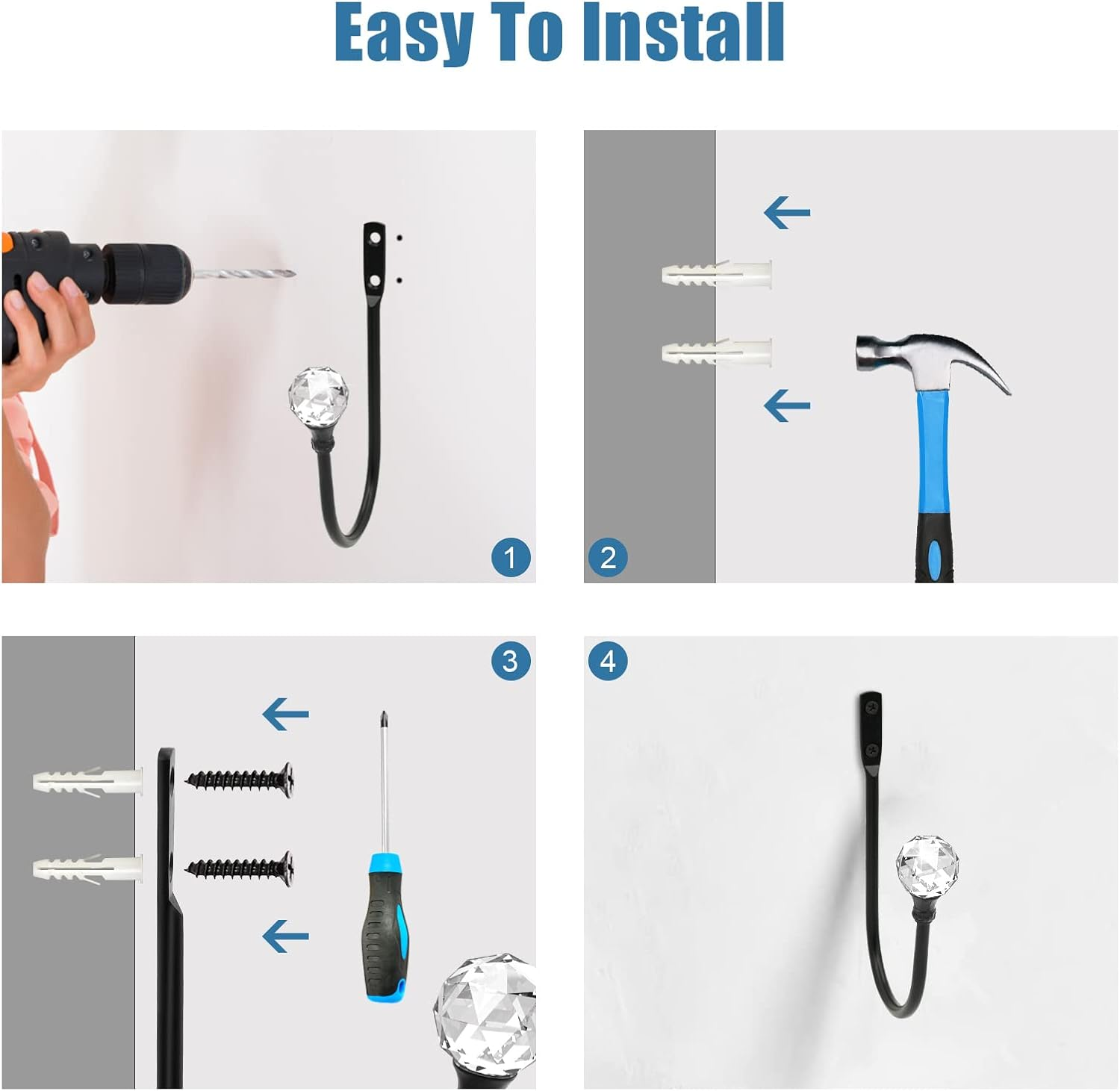 Crystal Curtain Holdbacks - Wall Mounted Decorative Curtain Pull Backs for Drapes - Metal Heavy Duty Window Treatment - U Shaped - Black 2 Pack image number 5