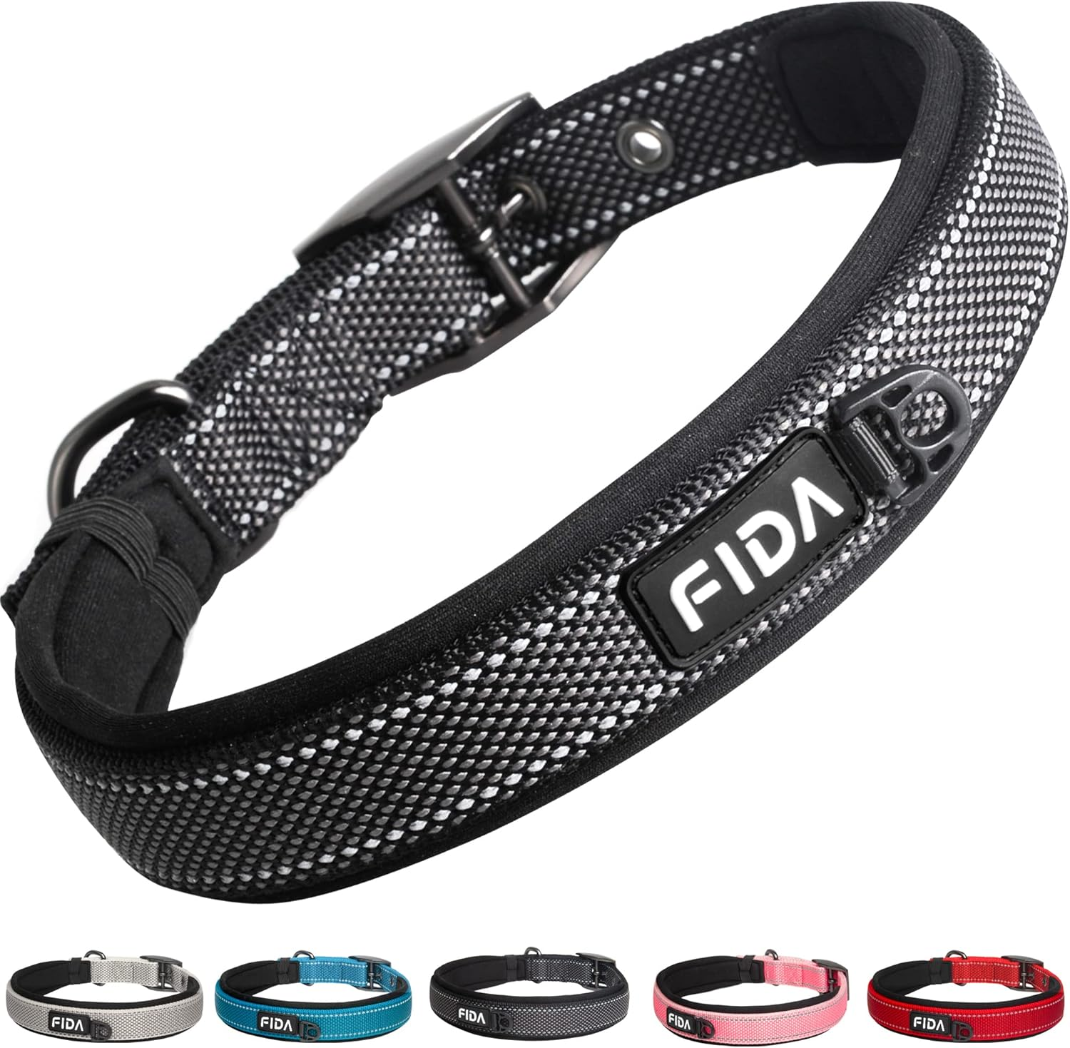 Fida Heavy Duty Dog Collar, Ultra Comfortable Soft Neoprene Padded, Adjustable Reflective Nylon Pet Collar with Durable Metal Belt Buckle for Medium Breeds (M, Blue)