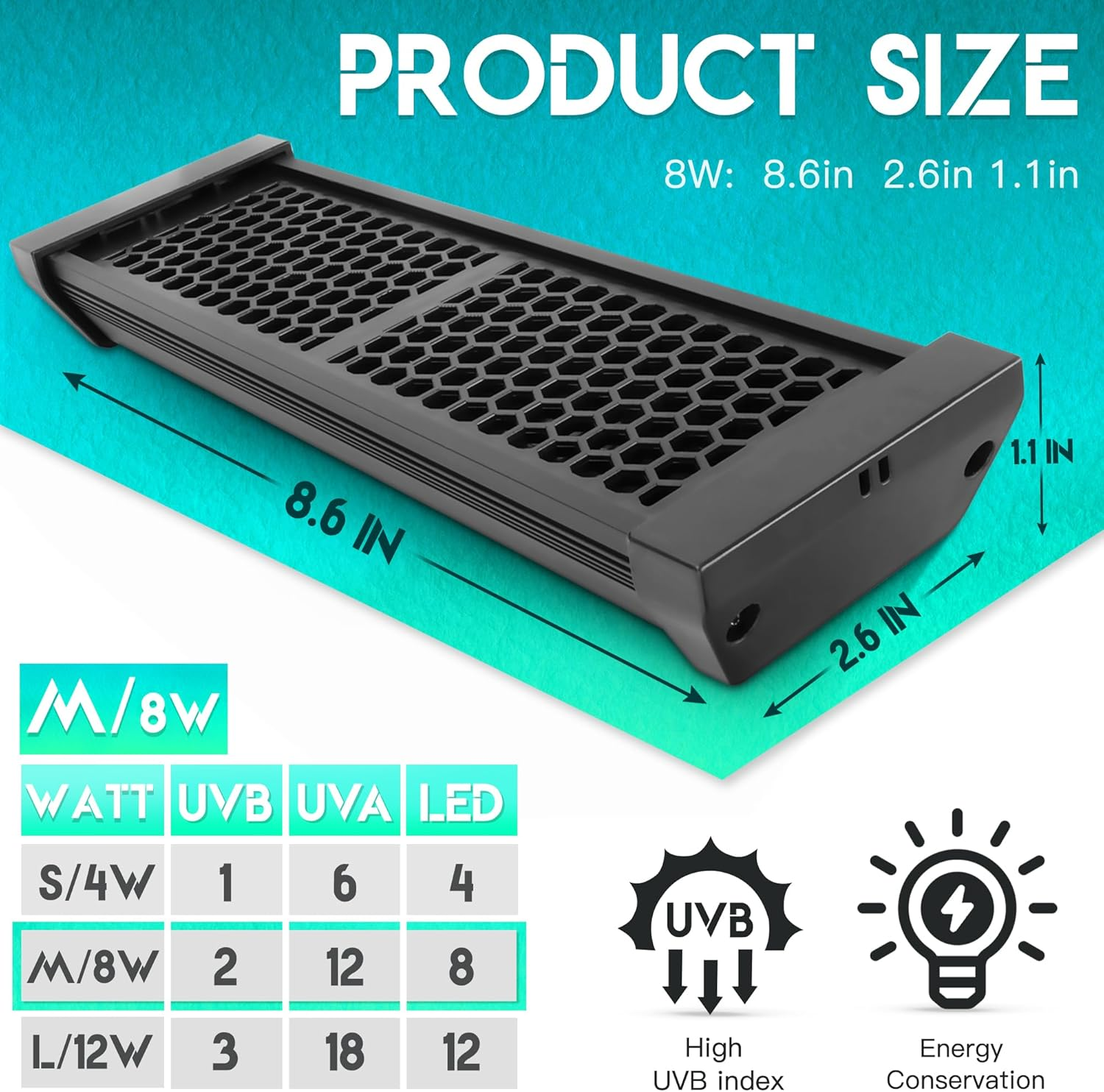 Dimmable LED Reptile UVB Lamp, 8000 Hours UVB Duration for Much Longer Lifespan, Adjustable 4/8/12-Hour Cycles, Suitable for Gecko, Chameleon, and Bearded Dragon, 8W, M Size image number 1