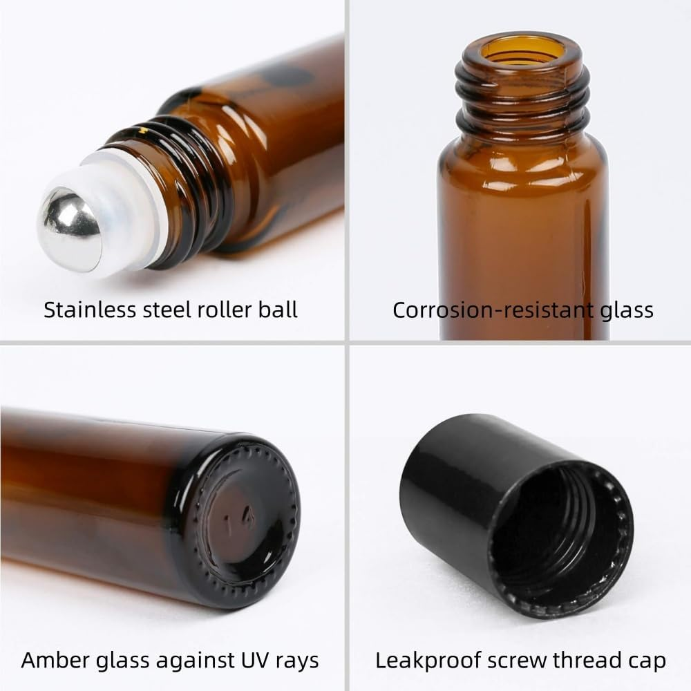6 Pack Roll on Bottles, 5Ml/10Ml Roller Bottles for Essential Oils, Amber Thick Glass Roller Bottles for Oils, with Stainless Steel Roller Balls, 2 Droppers image number 6