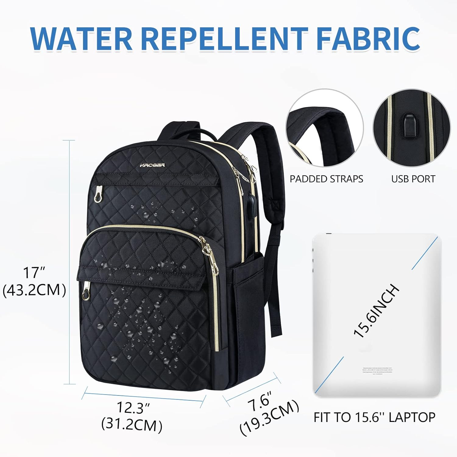 KROSER Laptop Backpack 15.6 Inch Computer Backpack Fashion School Backpack Laptop Bag Water-Repellent Nylon Casual Daypack with USB Charging Port for Travel/Business/College/Women/Men image number 1