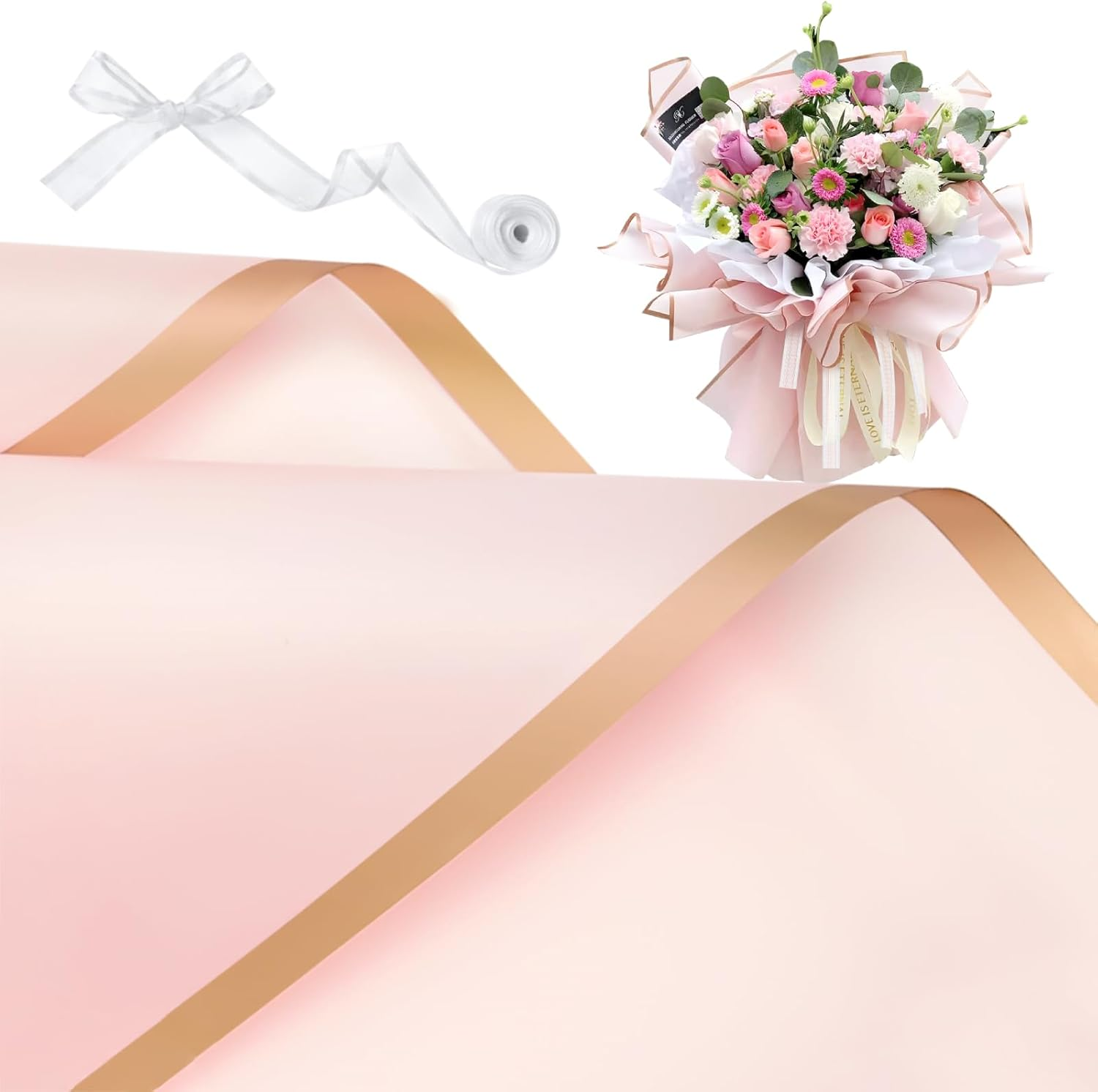 ZORRITA 20 Sheets Flower Wrapping Paper, Waterproof Bouquet Wrapping Paper with Ribbons Floral Paper for Florist Supplies, 22.8 X 22.8 Inch (Pink)