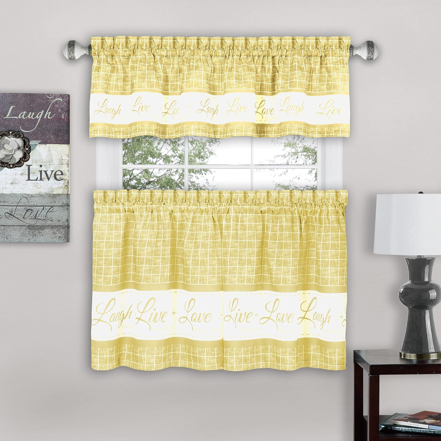Tier and Valance Window Curtain Set - 58 Inch Width, 36 Inch Length - Live, Love, Laugh (Light Blue) - Light Filtering Drapes for Kitchen, Bedroom, Living & Dining Room by Achim Home Decor
