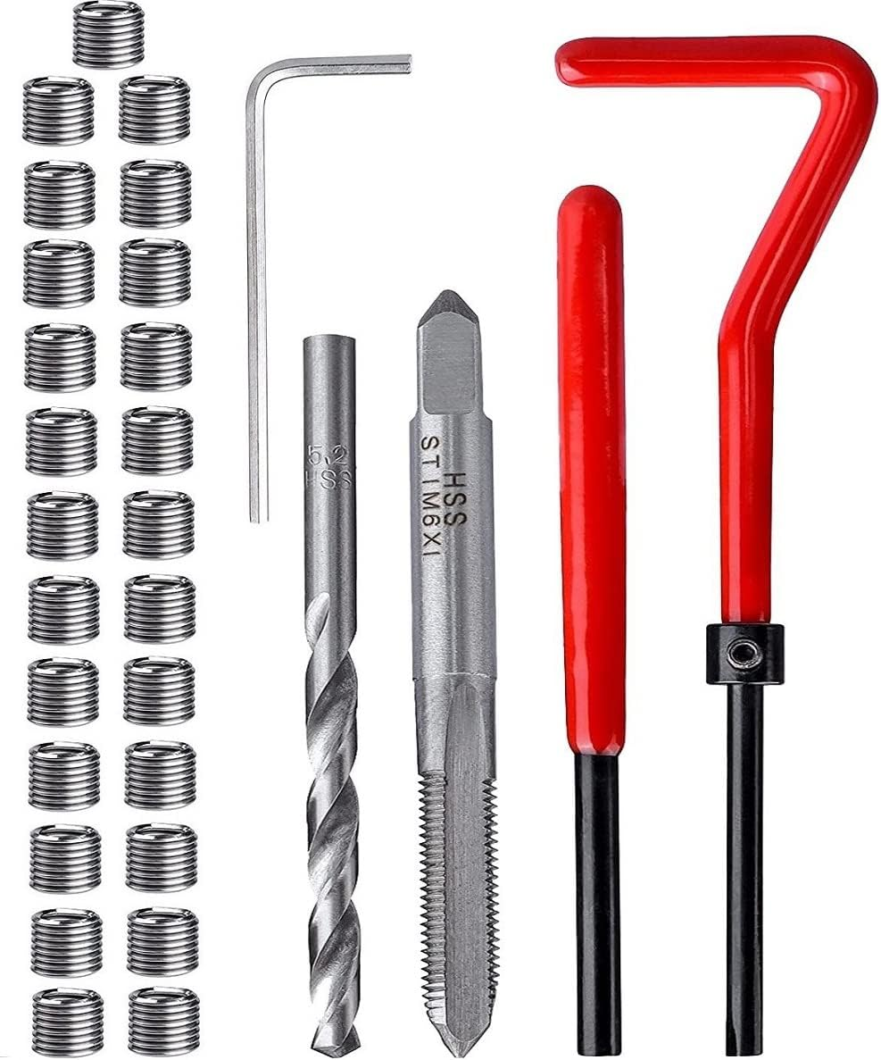 Fixinus Pack of 30 M6 X 1.0 Mm Thread Repair Insert Kit, Stainless Steel Thread Repair Kit, Helicoil Coil Compatible Hand Tool Set for Car Repair