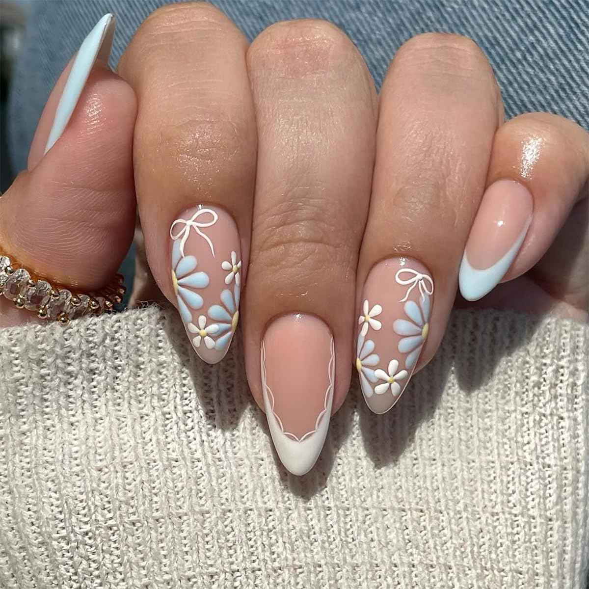 Mouyouglow Press on Nails Short, Almond White French Baby Blue Flowers Floral Bow Tie Fake Nails with Nail Glue, Blue Flowers Acrylic Sweet Summer INS Artificial Fingernails