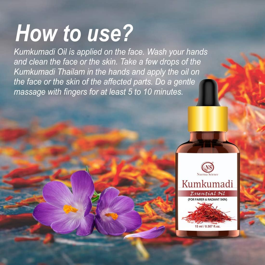 Nuerma Science Kumkumadi Essential Oil - Skin Lightening, Dark Circle Removal, Clear Spot Less Skin, Dark to Lighten Dark Patches, Glowing Skin - 15 ML