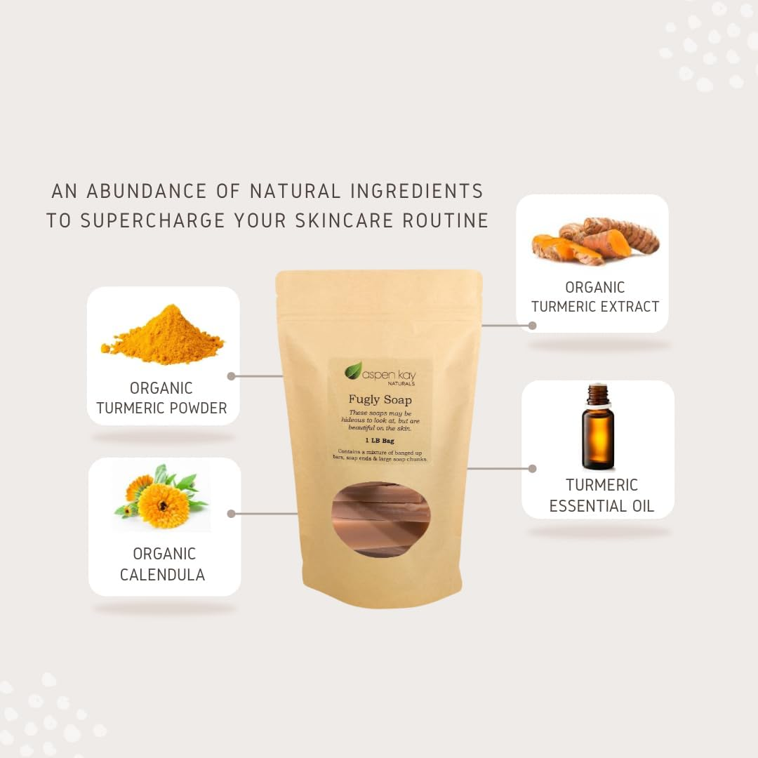 Turmeric Soap, 1 Pound Bag of Fugly Soap, a Mixture of Banged up Bars, Soap Ends & Soap Chunks. & Organic Soap. (Turmeric)