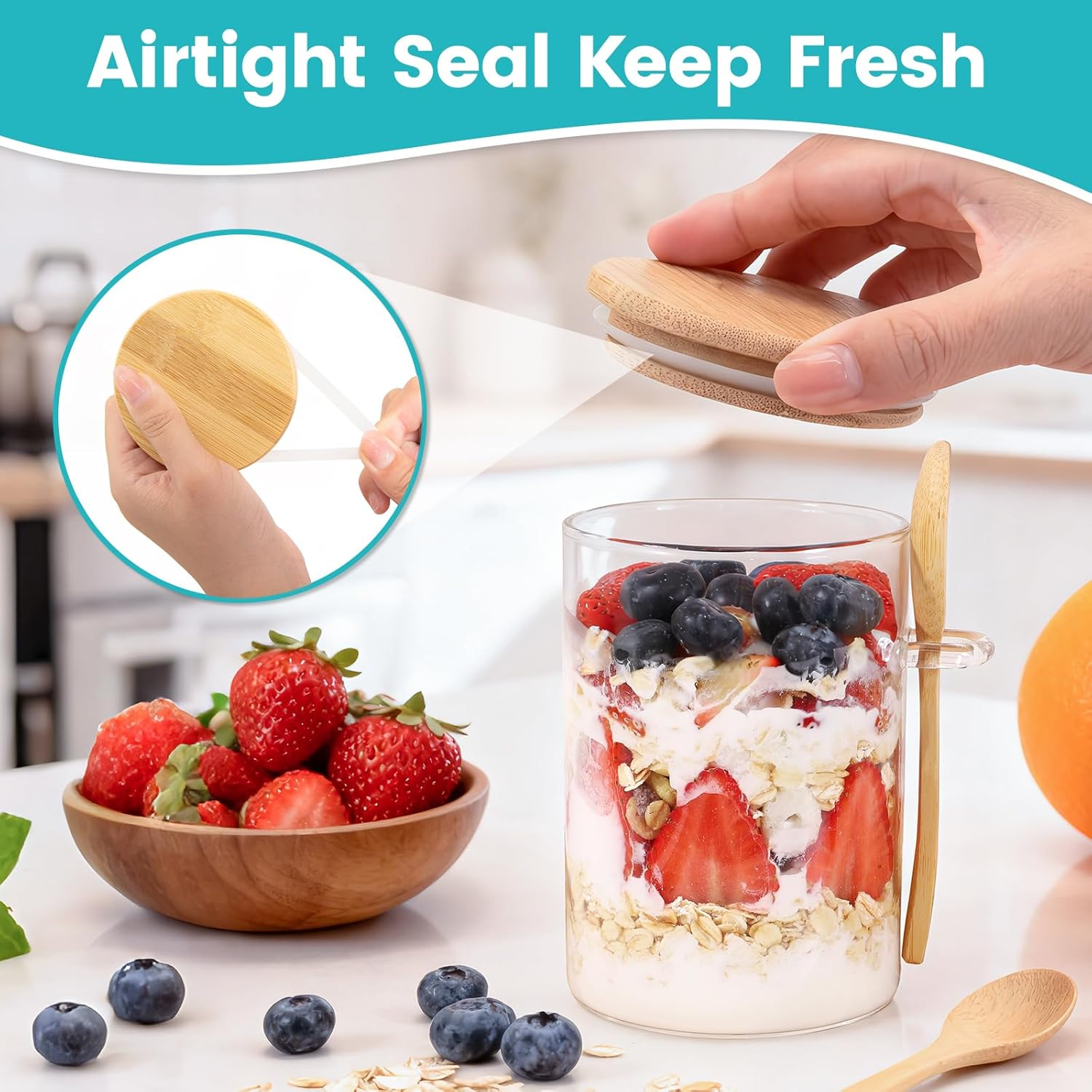 Feshory 4 Pack (500Ml /16.9Oz) Overnight Oats Containers with Lids and Spoons - Wide Mouth Glass Jar, Meal Prep Containers for Yogurt, Breakfast, Salad, Fruit, Chia Pudding (4X500Ml) image number 5