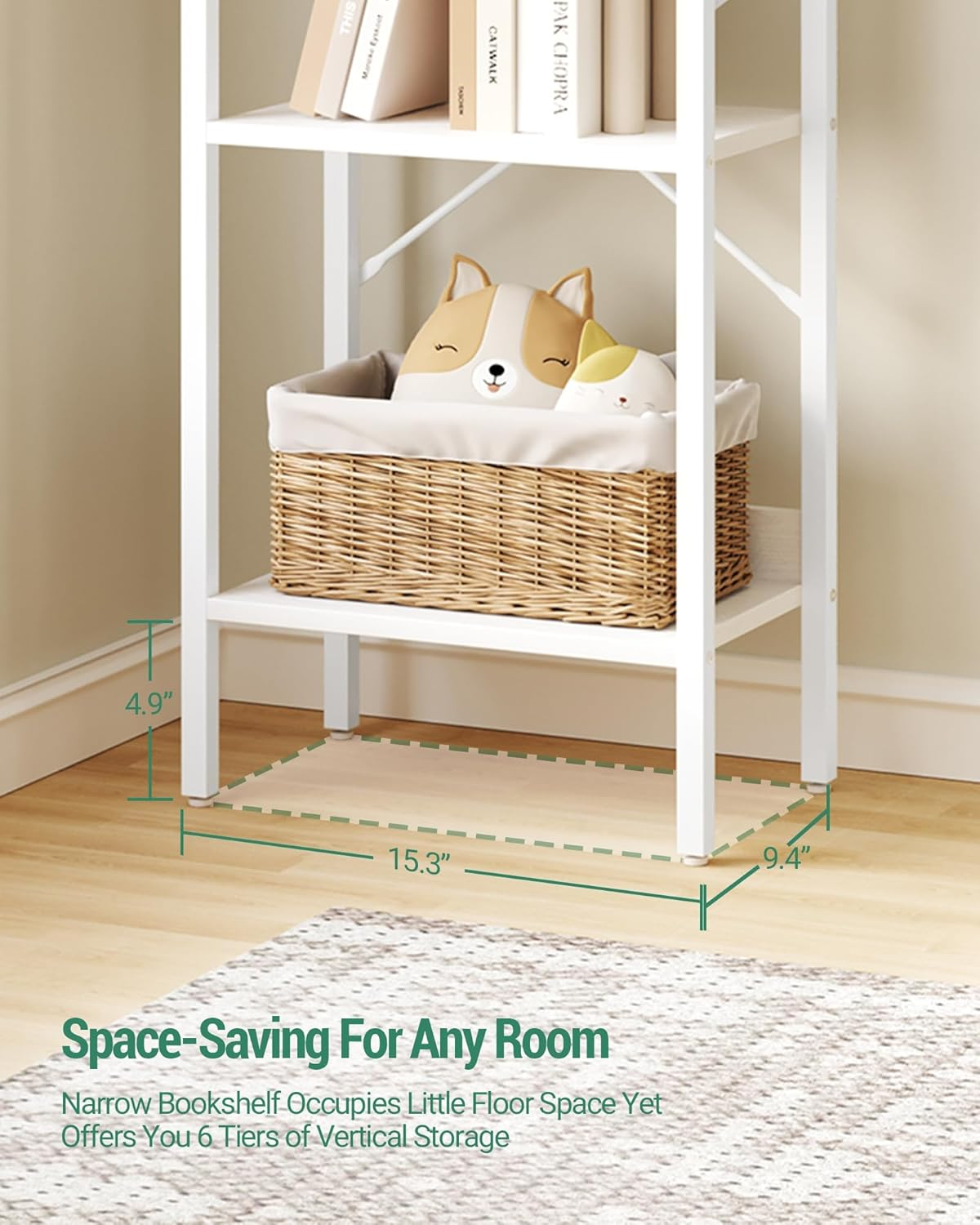 Hzuaneri Bookshelf, Book Shelf, Industrial Bookcase with 2 Hooks, Coner Shelf Storage Organizer for Home Office, Living Room, Bedroom, Kitchen, 6-Tier White BC10713W image number 6