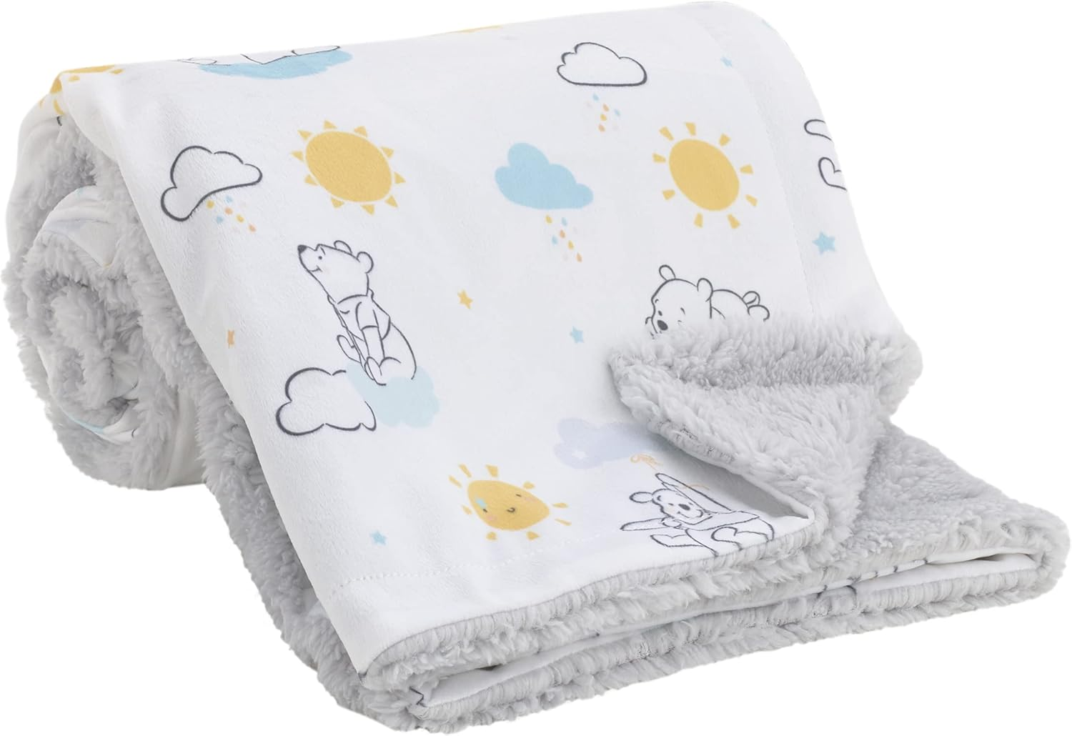 Disney Winnie the Pooh White, Yellow, and Aqua Sunshine and Clouds Super Soft Velboa with Sherpa Back Baby Blanket