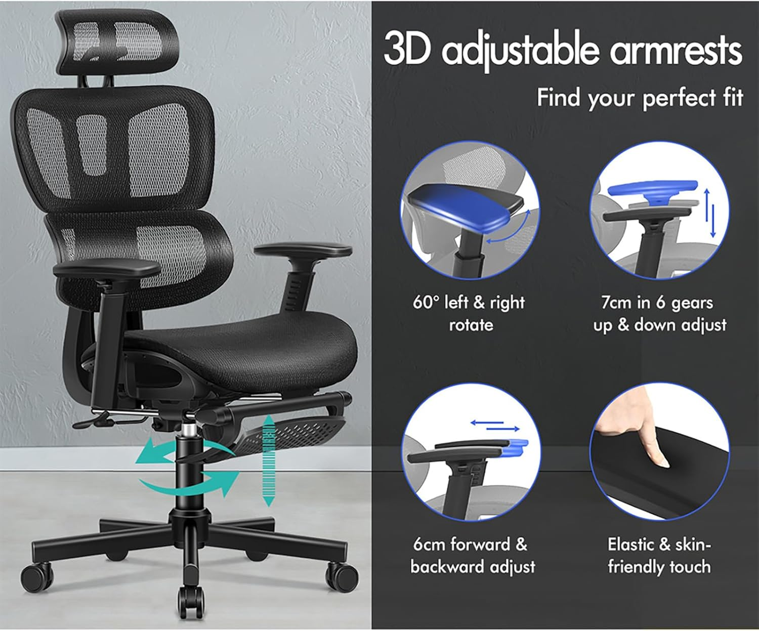 ALFORDSON Ergonomic Mesh Office Chair with 3D Armrest, Recline & Tilt Executive Study Chair with Adaptive Lumbar Support, Computer Gaming Desk Chair with Adjustable Headrest & Footrest, Black image number 3