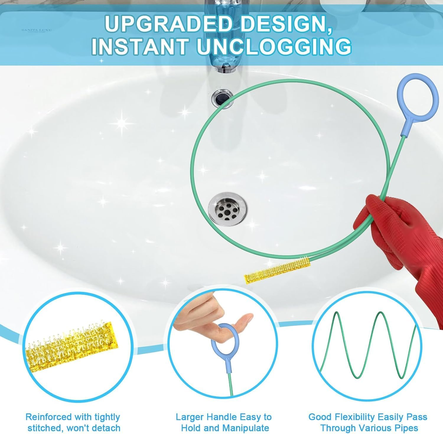 35 Inch Drain Snake Sink Unblocker Tools(5 Pack), Unbreakable Metal Drain Cleaners and Unblockers, Long/Flexible/Thin Hair Clog Remover to Unclog Bathroom Sink, Tub, Shower image number 2