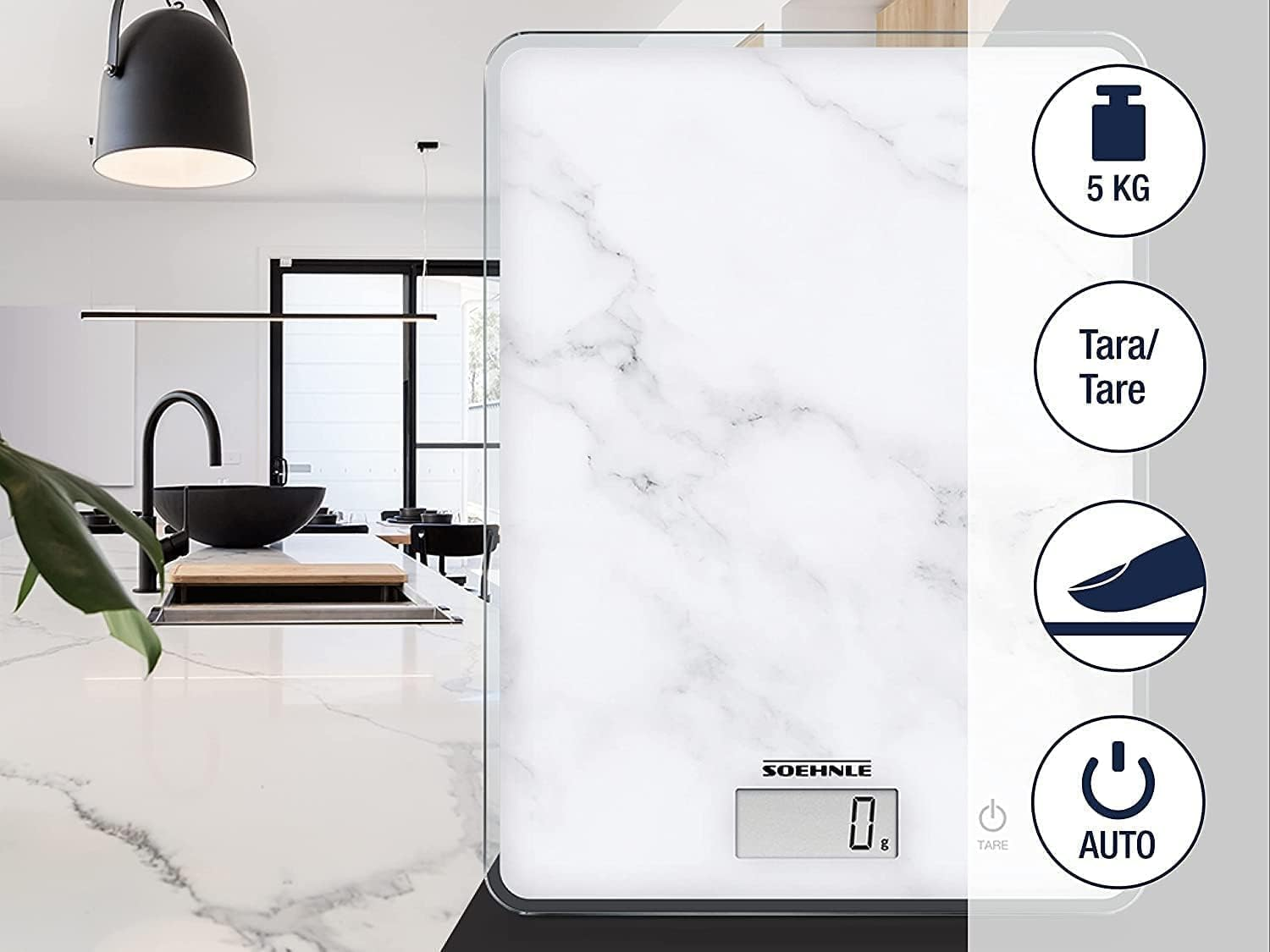 Soehnle Page Compact Marble Kitchen Scale &ndash; Digital Kitchen Scales with 5Kg Capacity and 1G Precision, Slim Food Weighing Scale with LCD Display, Tare Function and Smart Digital Scale Design image number 4