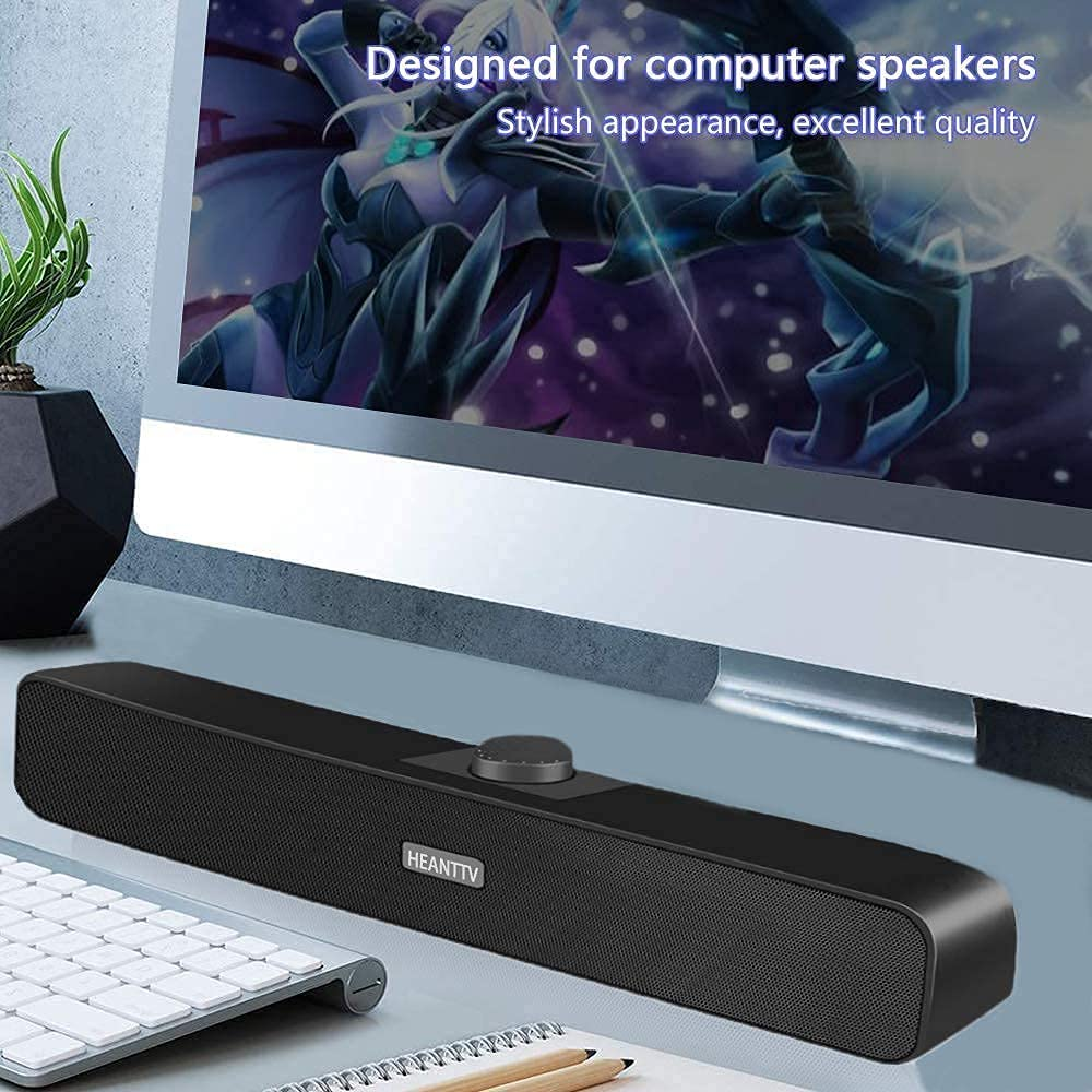 Computer Speakers for Desktop Monitors, PC Speakers, USB Powered 6W Stereo Soundbar with 2 Diaphragms,3.5Mm Aux Input, Knob Volume Control, Wired Soundbar for Desktop Smartphones Laptop,Black image number 2