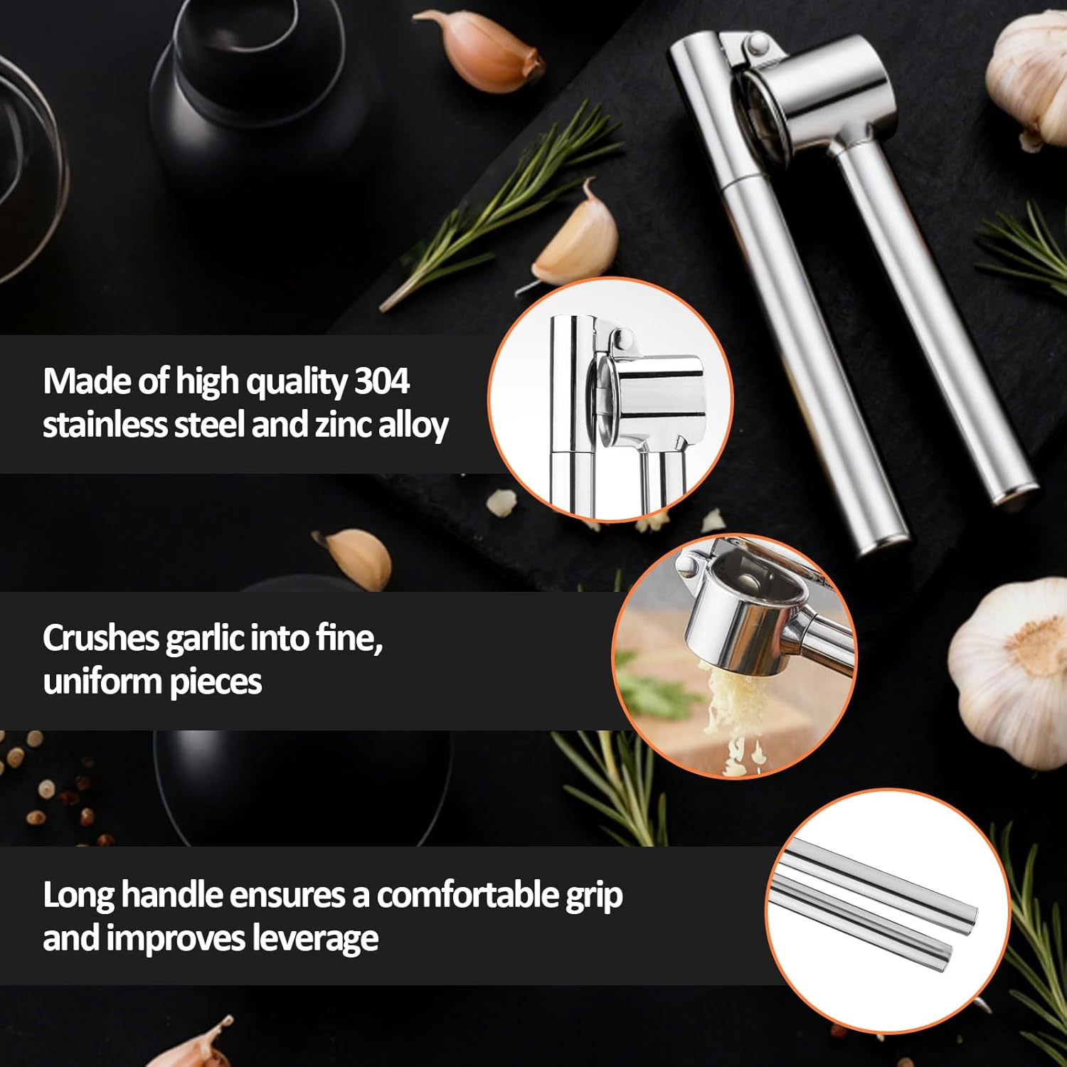 VINATO Stainless Steel Garlic Press with Peeler and Cleaning Brush, Kitchen Aid for Garlic Pressing and Peeling, Dishwasher Safe image number 6