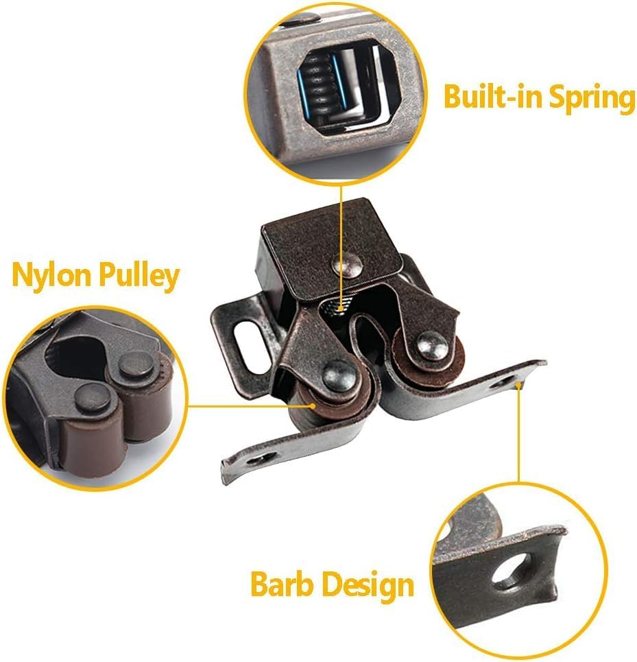 Double Roller Catch Cabinet Latch,20Pcs Hardware Roller Catch Brown Antique Copper Catch Door Latch with Screws,Door Roller Catches, Bronzed Twin Cupboard Latch Cabinet Door Catches with Screws image number 3