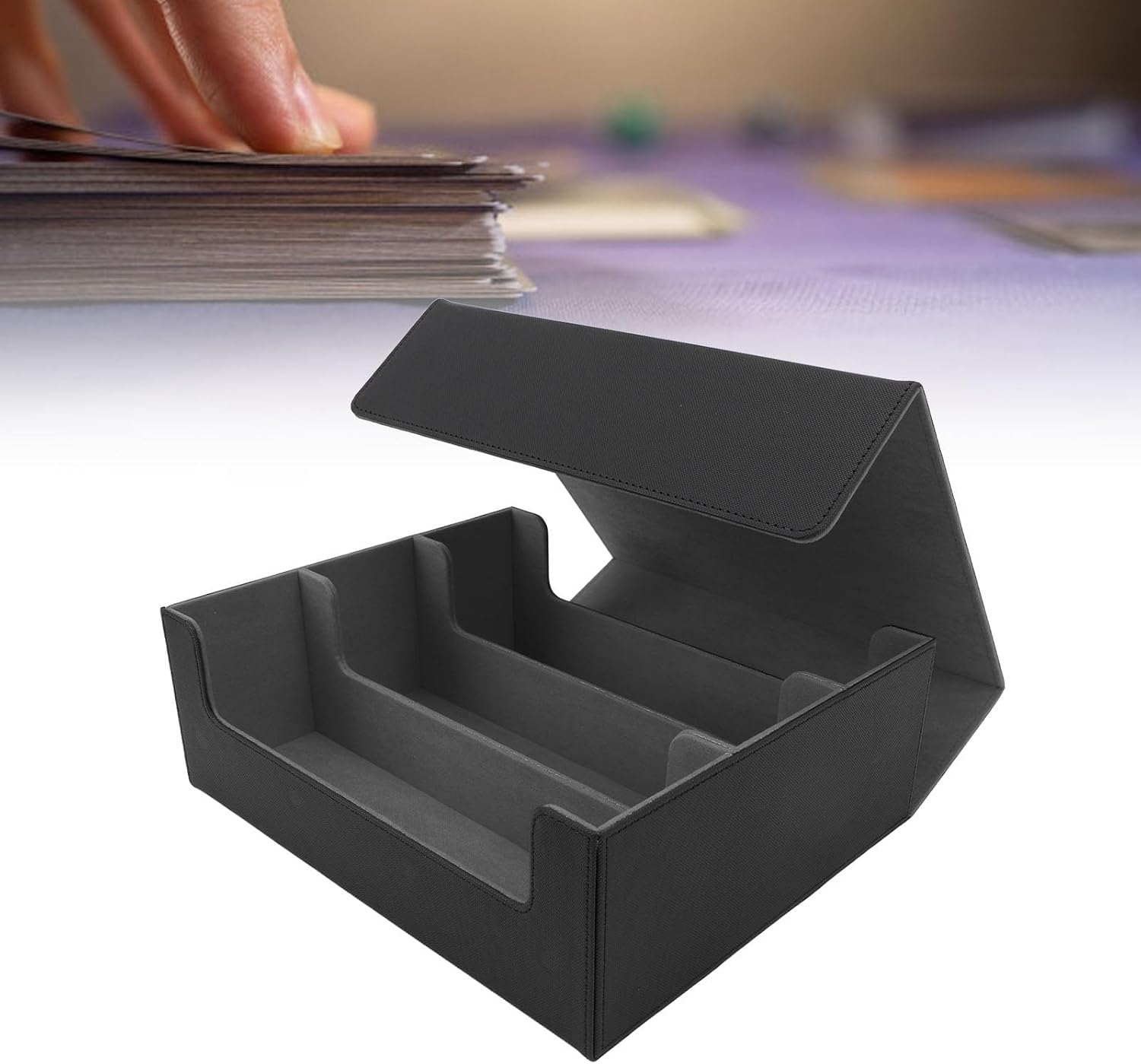 Card Deck Case for Trading Cards 1800+, PU Leather Magnetic Closure Card Storage Box Game Card Case, for Game, Sport Cards (Black Shell with Grey Lining) - Black Shell With Grey Lining image number 5