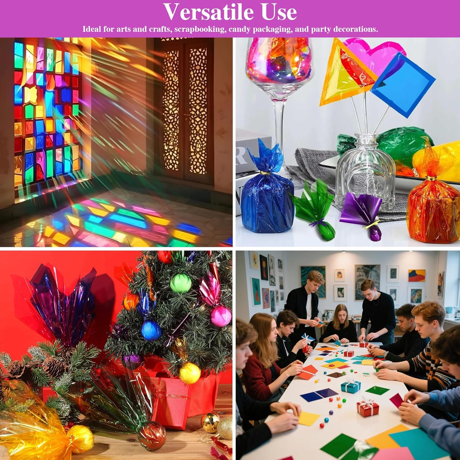 Colourful Cellophane Sheets,Haakhui 160Pcs DIY Crafts Decorations Transparent Wrapping Paper for Candy and Gifts, Good for Christmas Birthday New Year Party Deco image number 5