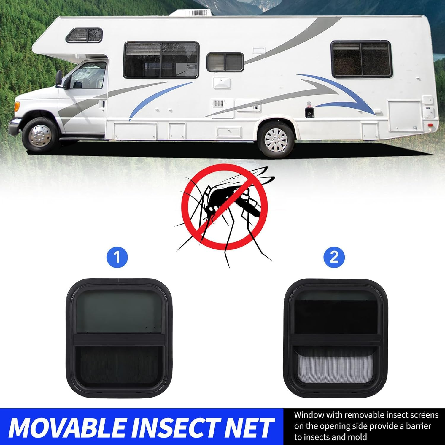 RV Window, RV Sliding Window, Replacement Trailer Window with Screen, Waterproof UV Resistant, 406X356Mm / 15.98X14In image number 2