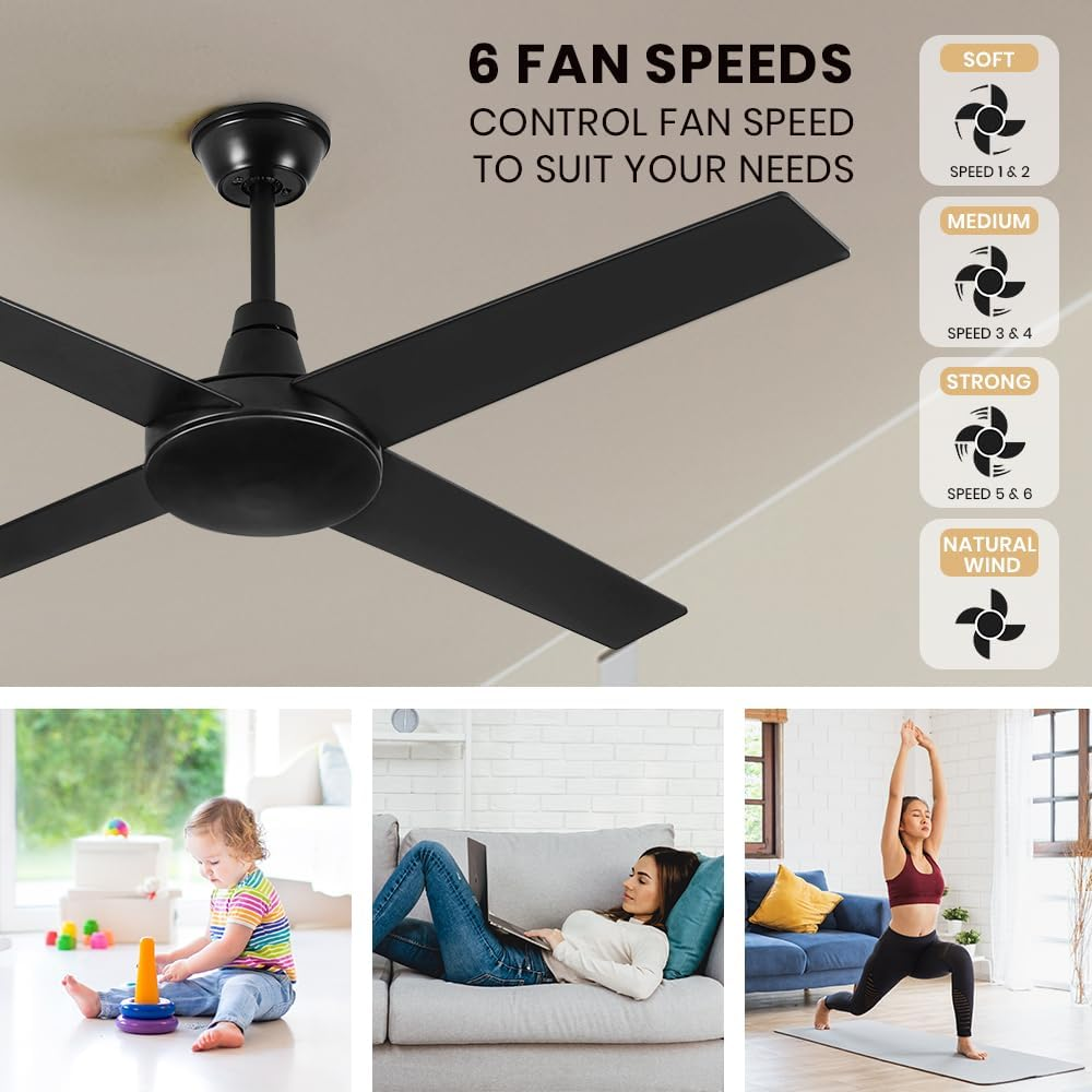 Krear 52" Ceiling Fan with Remote Control, Wood Ceiling Fans with 4 Blades, 6 Speed DC Motor, Indoor Outdoor Ceiling Fan for Patio, Bedroom, Living Room, Office, Black image number 6