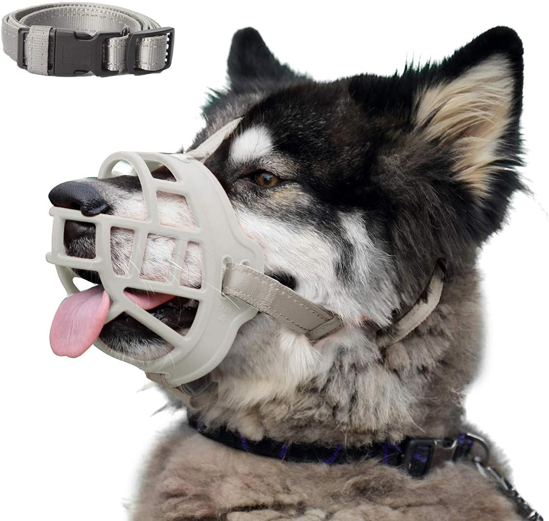 Dog Muzzle, Soft Silicone Basket Muzzle for Dogs, Allows Panting and Drinking, Prevents Unwanted Barking Biting and Chewing, Included Collar and Training Guide (1 (Snout 7-8"), Grey)