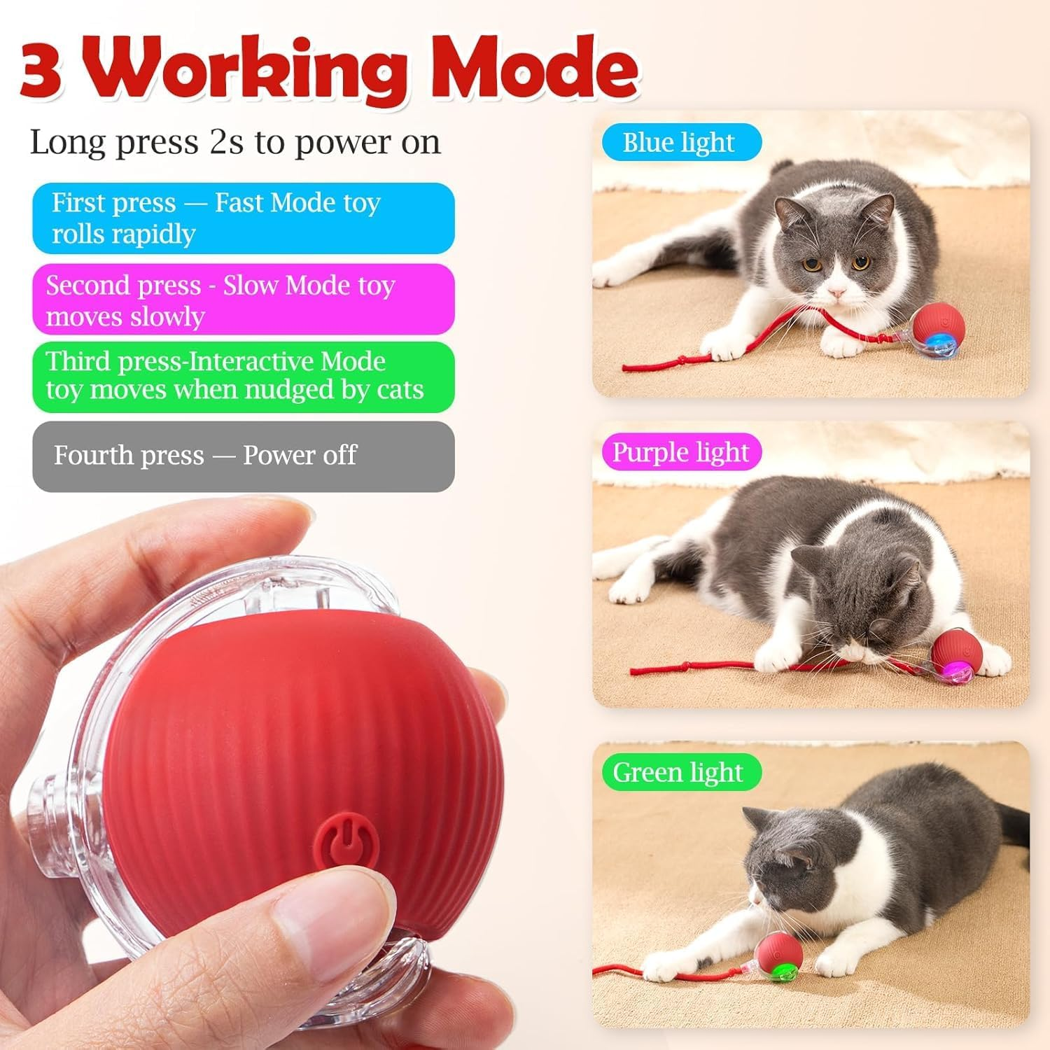 Interactive Electric Automatic Rolling Moving USB Rechargeable Self Activated Play Stimulation Toy Smart Chase Teaser Ball with Speedy Tail Rope for Bored Adult Indoor Cats and Dogs, Red image number 3